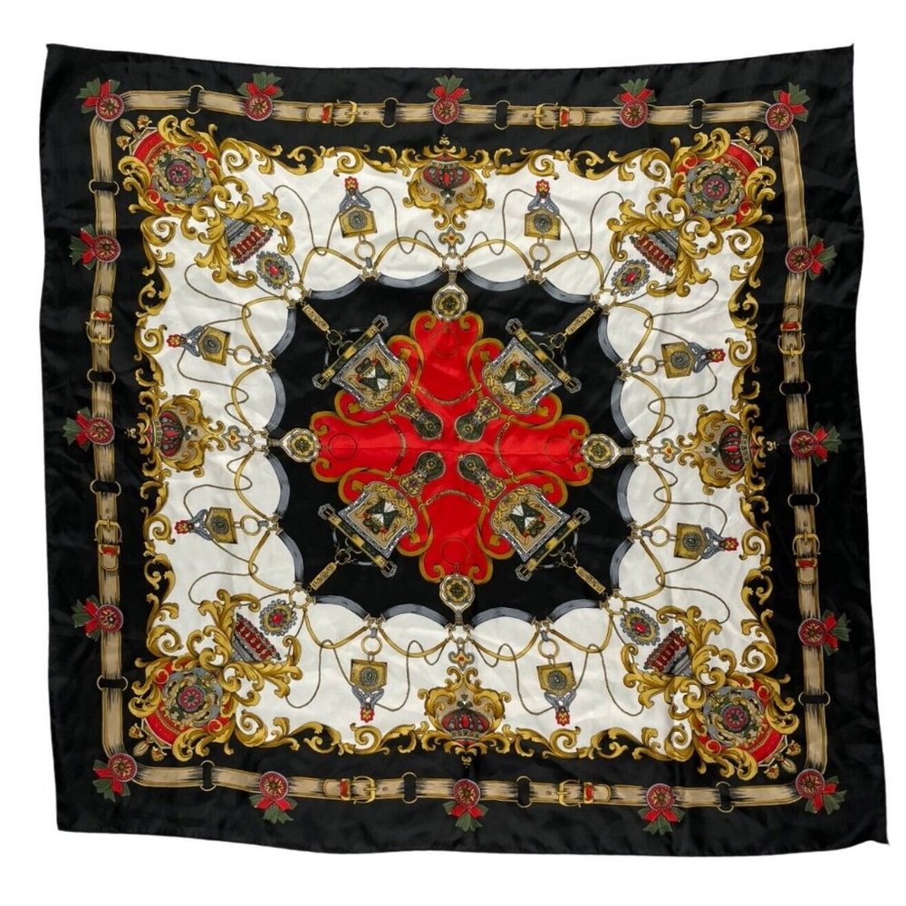 Vintage Preppy Chain Print Scarf 1990s Large Square Red Black Gold Print Bold